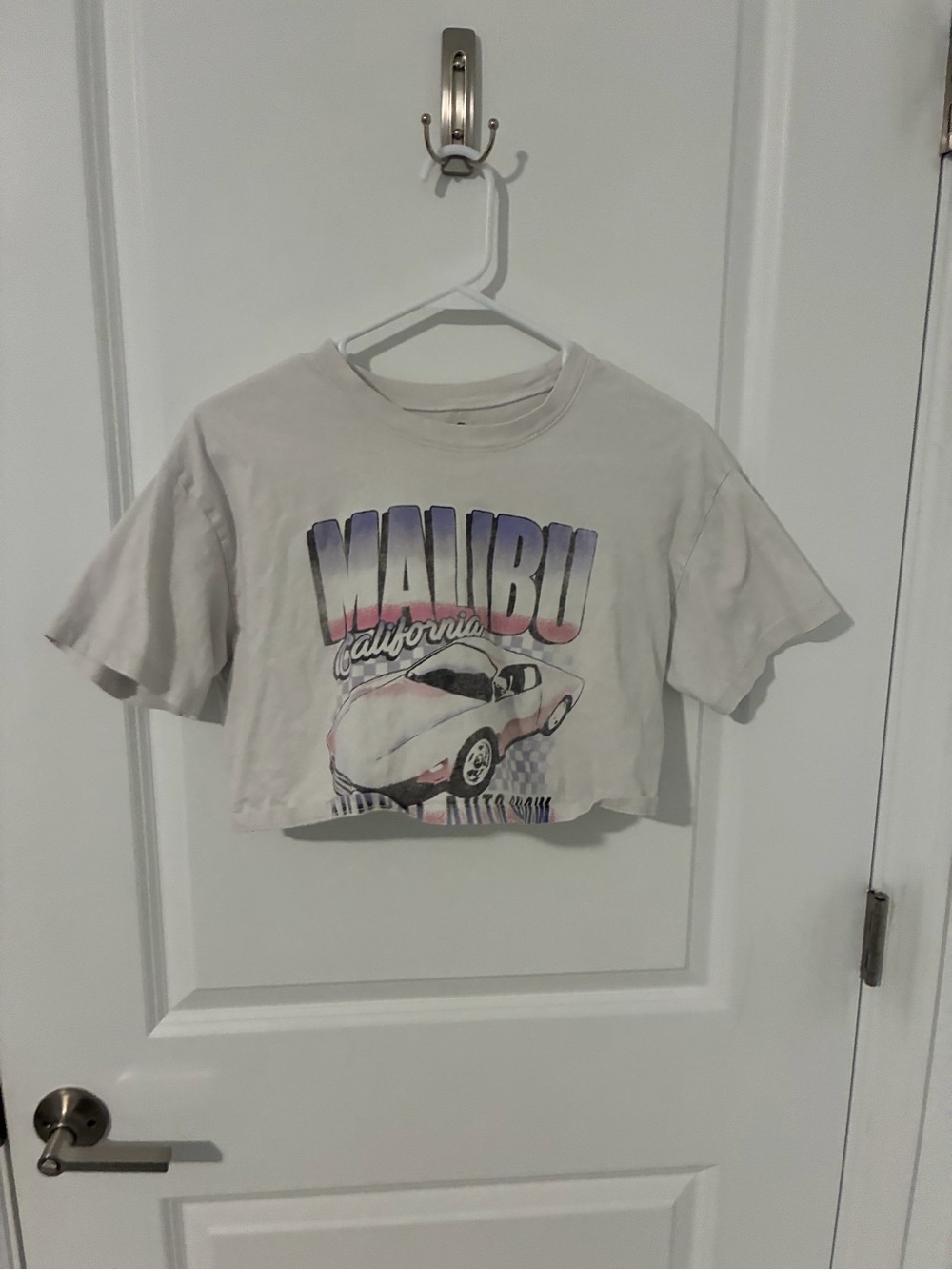 Hollister White Cropped Tee with Purple & Pink Malibu Graphic